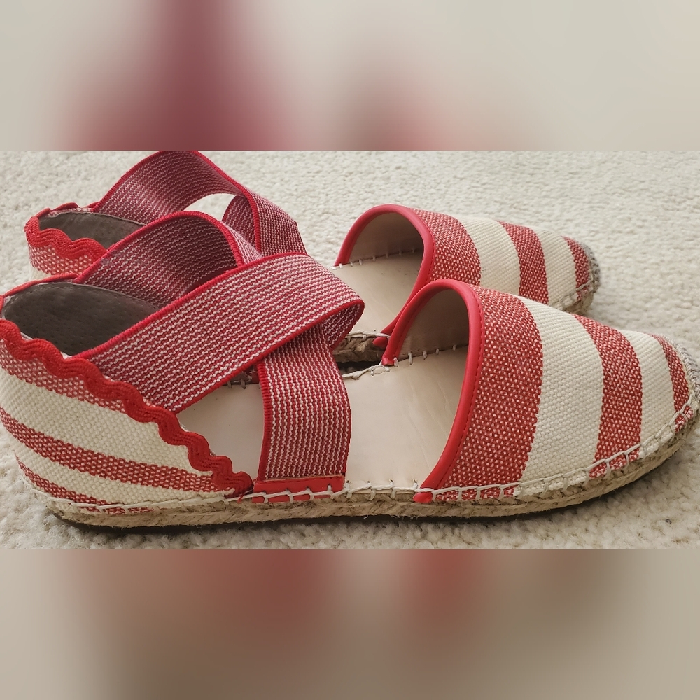 Land's End Red Cream Striped Espadrille Sandals With Ric Rac 9m - Picture 4 of 9